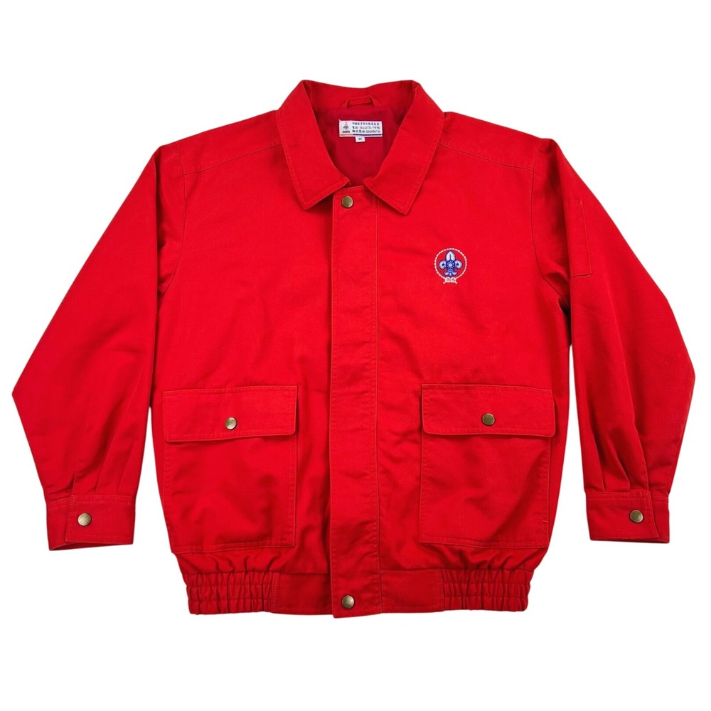 Vintage Boy Scouts of China‎ Jacket Men's MEDIUM Red Twill Bomber Zip Up Pockets